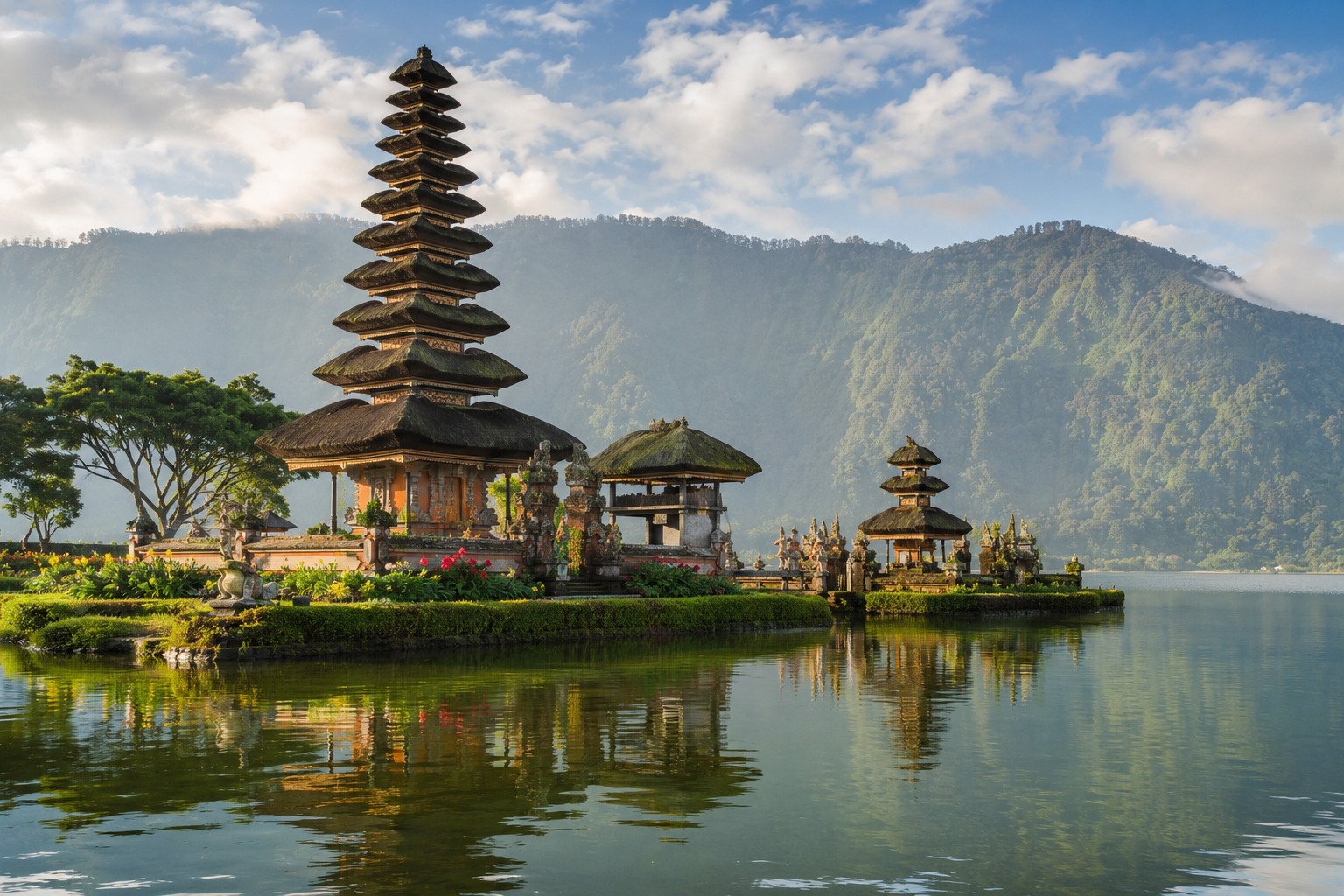 Balinese water temple beside a mountain lake